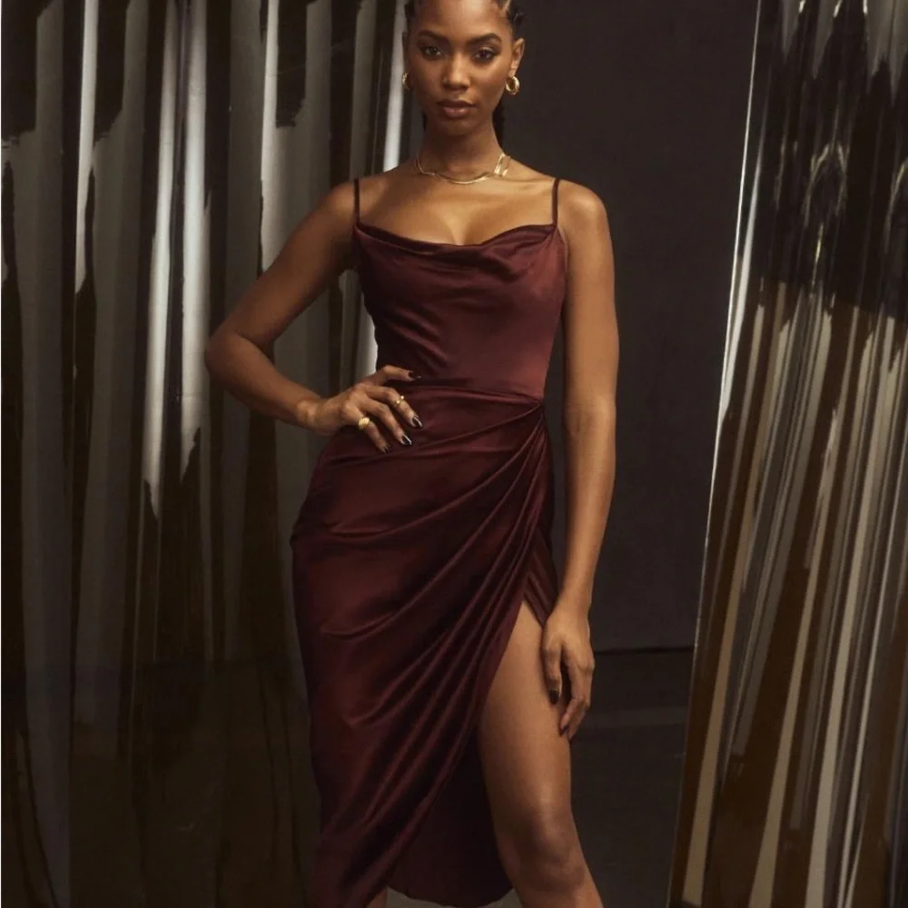 House of CB ‘Reva’ Raisin Satin Gathered Corset Dress Raisin NWOT - Picture 6 of 12